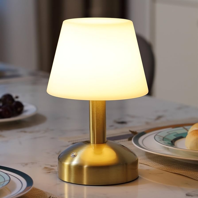 Table Lamp Brushed Gold Domed Base Conical Shade Cordless