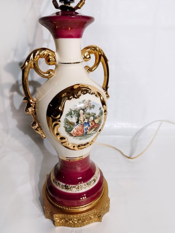Table Lamp Burgundy Gilt Porcelain Pastoral Medallion Urn