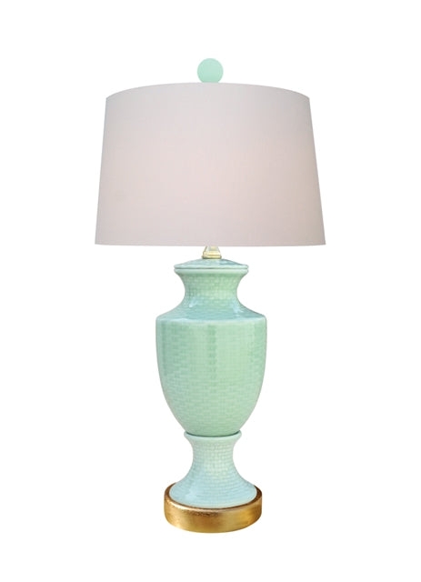 Table Lamp Celadon Aqua Porcelain Basketweave Texture Urn Silhouette