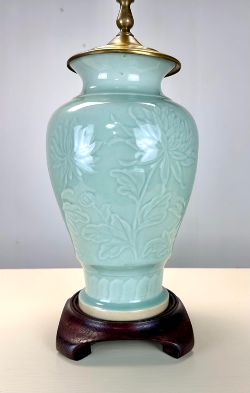 Table Lamp Celadon Ceramic Embossed Floral Relief Wood Pedestal Base