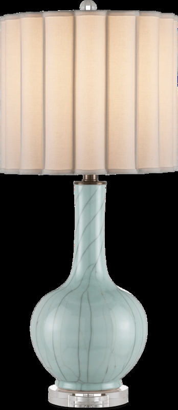 Table Lamp Celadon Crackle Ceramic Vertical Pleats Scalloped Rim Shade