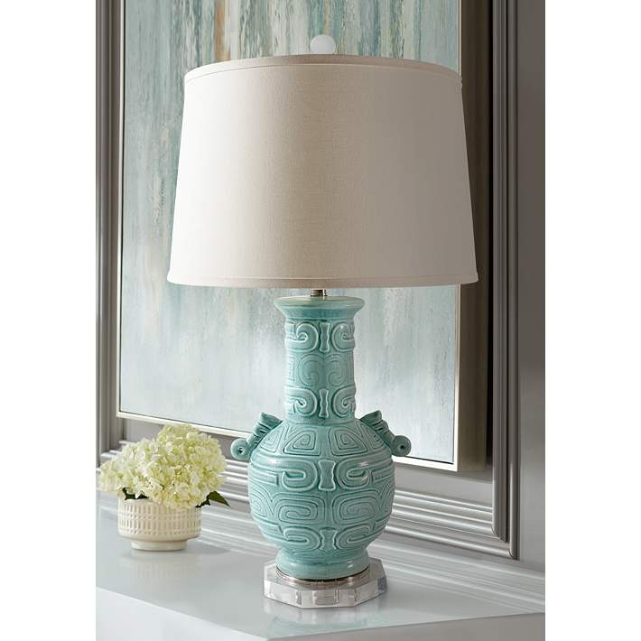 Table Lamp Celadon Crackled Glaze Octagonal Clear Base Relief Pattern