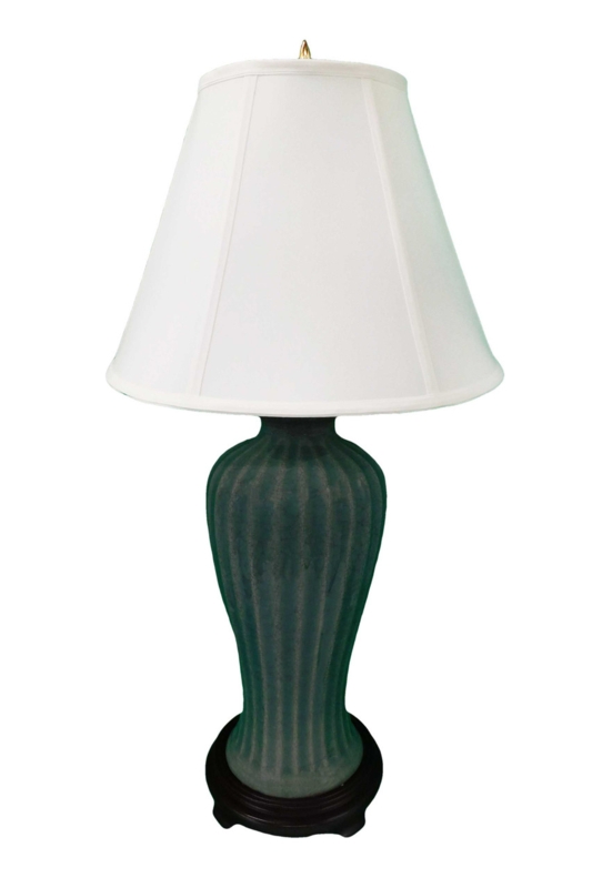 Table Lamp Celadon Green Satin Glaze Vertical Fluting Dark Wood Pedestal