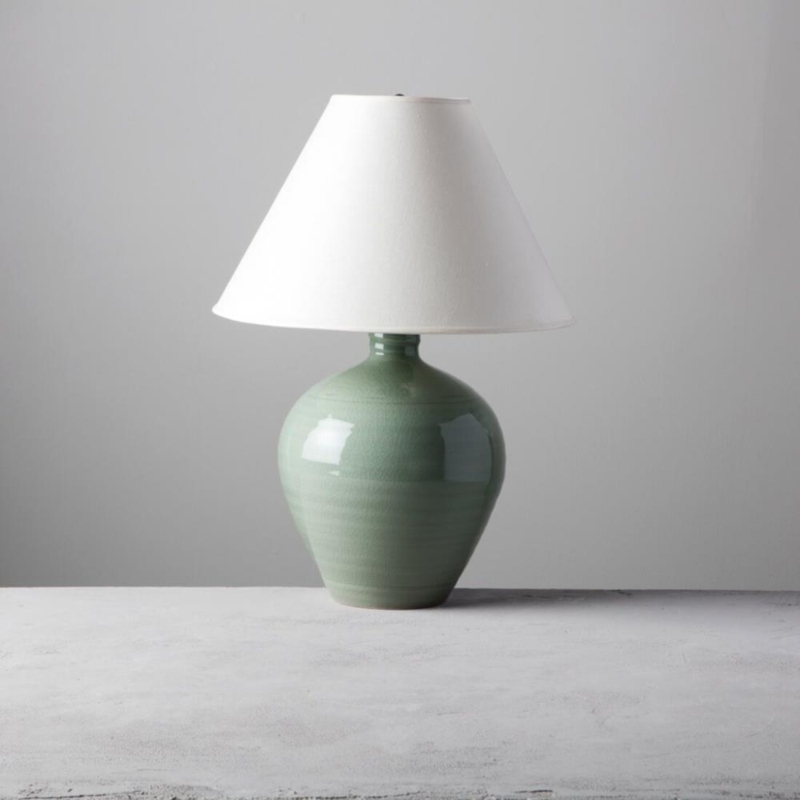 Table Lamp Celadon Pottery Crackle Glaze Empire Shade Horizontal Ridges