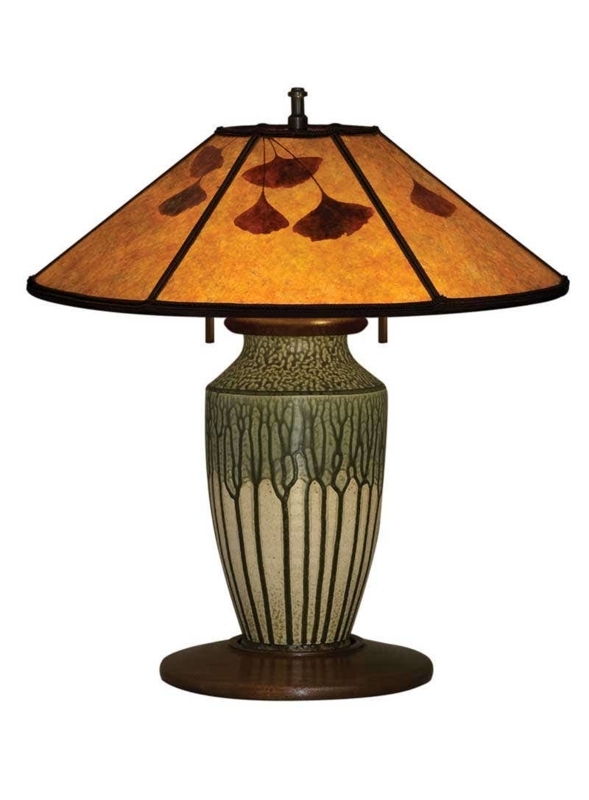 Table Lamp Ceramic Vase Base Ginkgo Leaf Inlay Mica Shade Craftsman