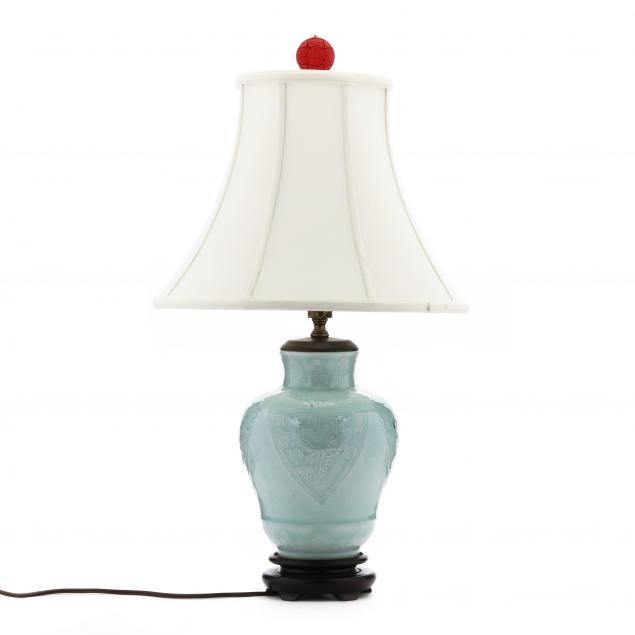 Table Lamp Chinese Celadon Porcelain Red Finial Incised Pattern Bell