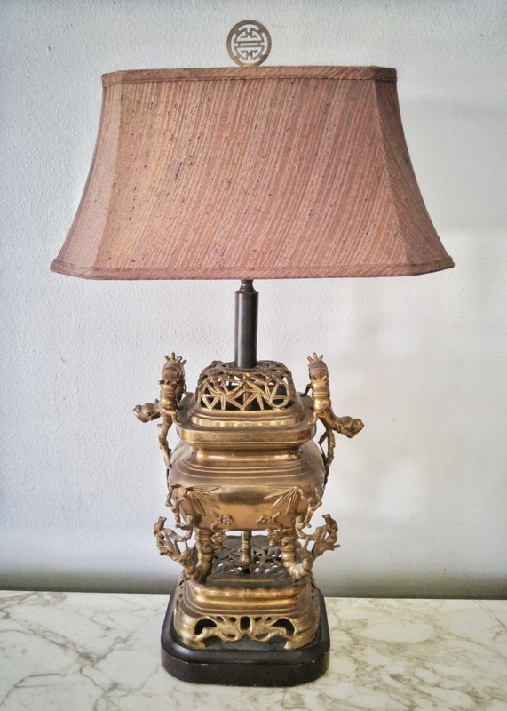 Table Lamp Chinoiserie Brass Dragon Handles Pierced Metalwork
