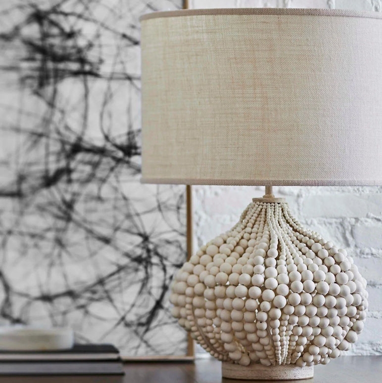 Table Lamp: Coastal Boho Beaded Base Off-White Organic Texture Drum