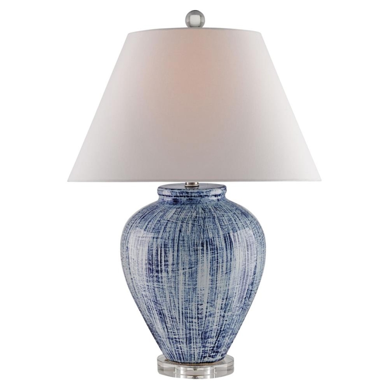 Table Lamp: Coastal Navy Blue Crosshatch Ceramic Glass Plinth Base Urn