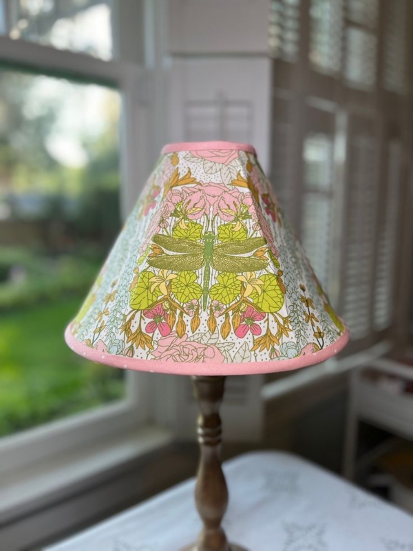 Table Lamp Dragonfly Floral Fabric Shade Pink Piping Turned Wood Base