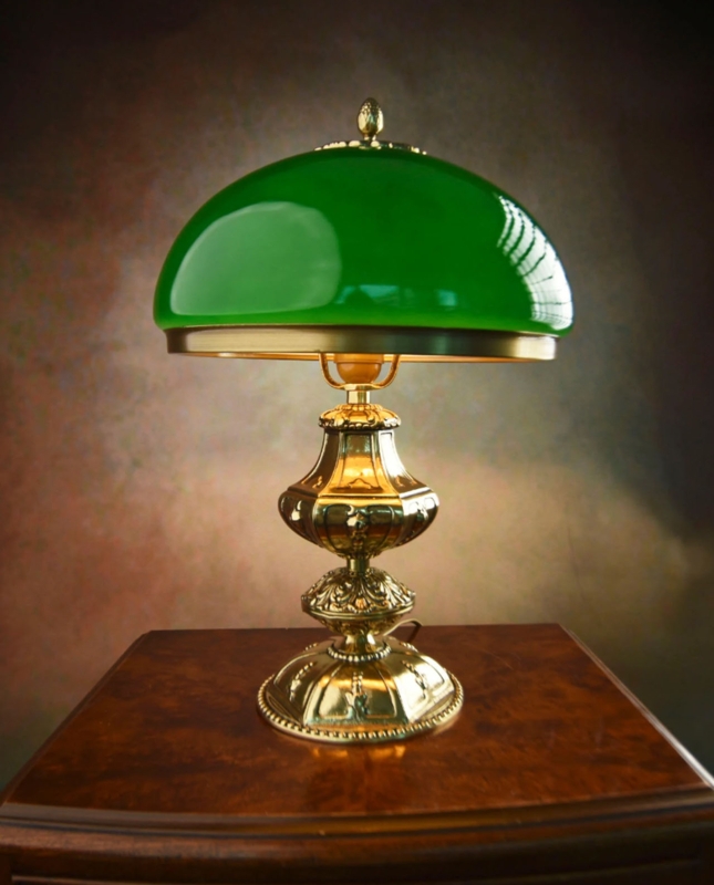 Table Lamp Emerald Glass Domed Shade Ornate Brass Base