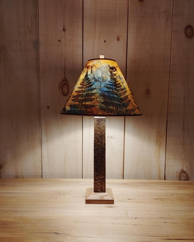 Table Lamp Fern Pattern Hammered Metal Column Wood Base
