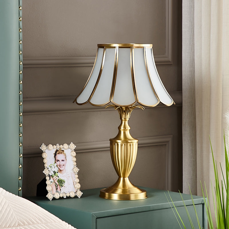 Table Lamp Fluted Brass Base Scalloped Opaque Glass Shade Trumpet Foot