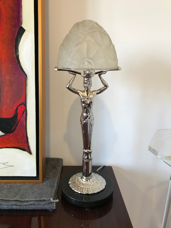 Table Lamp French Art Deco Polished Silver Figurative Base