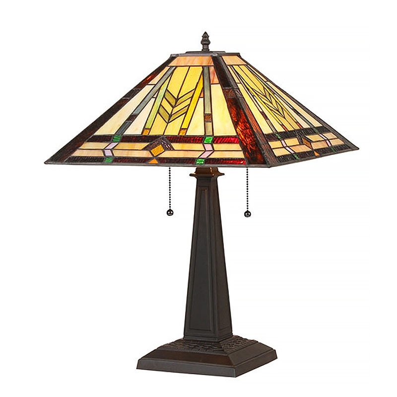 Table Lamp Geometric Amber Chevron Glass Pattern Mission Style Bronze
