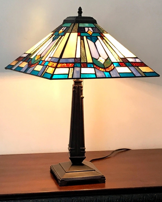 Table Lamp Geometric Stained Glass Mission Style Tapered Bronze Base