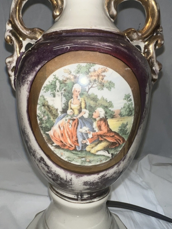 Table Lamp Gilded Scroll Handles Burgundy Porcelain Figural Scene
