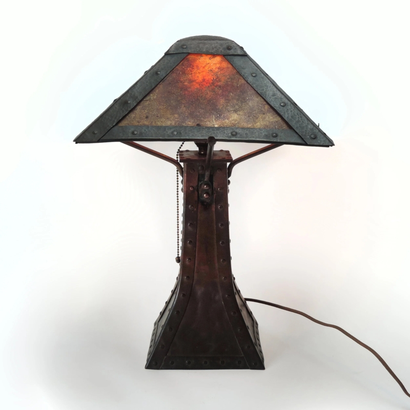 Table Lamp Hammered Copper Base Mica Panels Rivet Detailing Craftsman