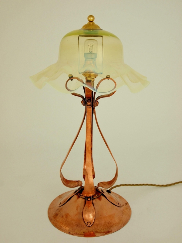 Table Lamp Hammered Copper Base Ruffled Vaseline Glass Shade Tripod