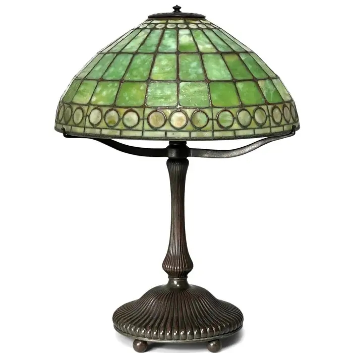Table Lamp Jeweled Border Moss Green Leaded Glass Tiffany Style Bronze