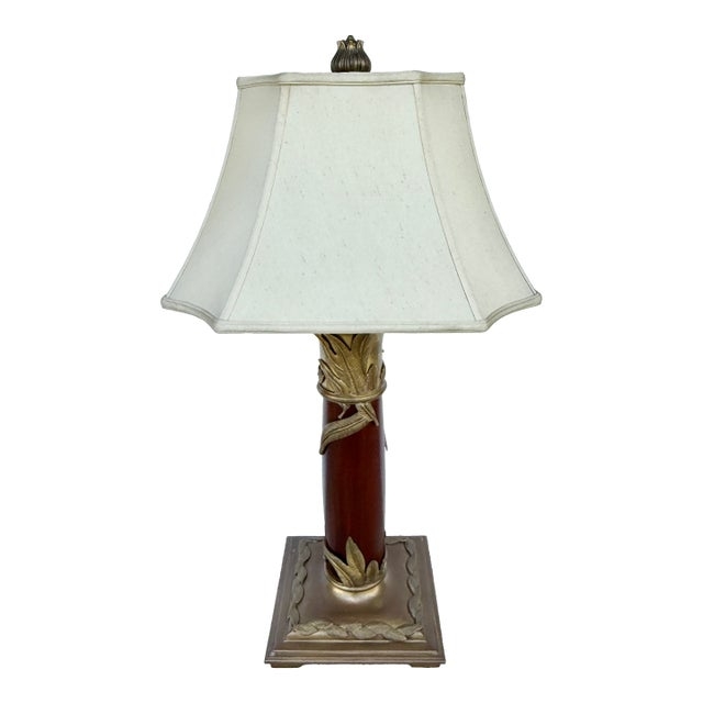 Table Lamp Mahogany Wood Antique Gold Leaf Motif Square Bell Shade
