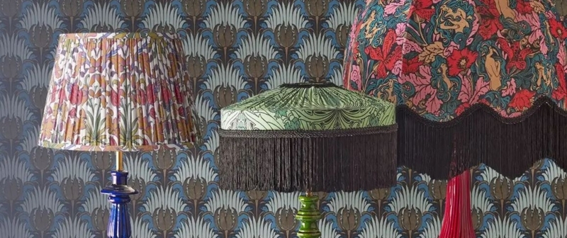 Table Lamp Maximalist Style Fringed Border Botanical Motif Print