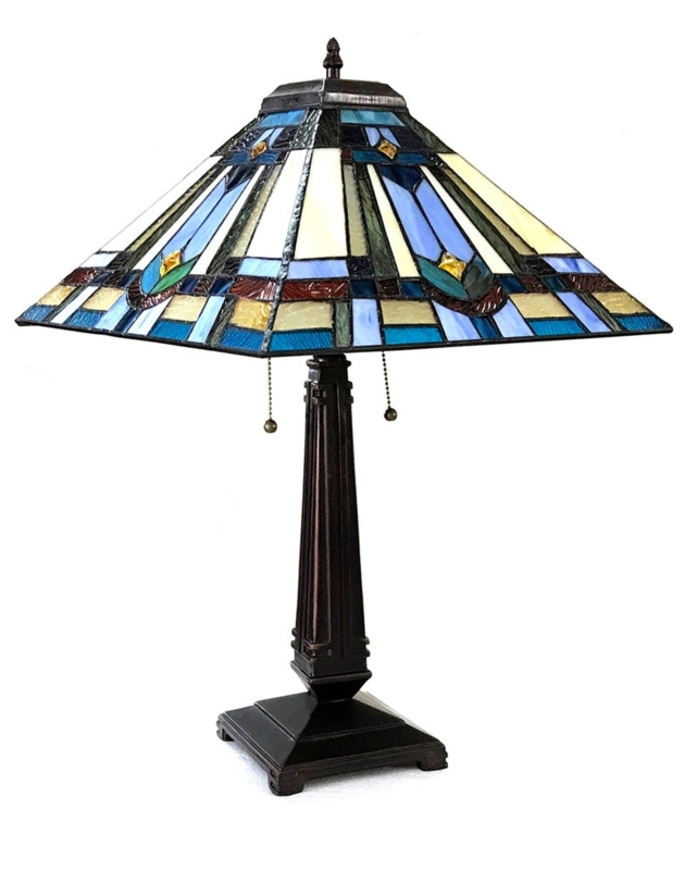 Table Lamp Mission Style Geometric Cobalt Blue Stained Glass Pedestal