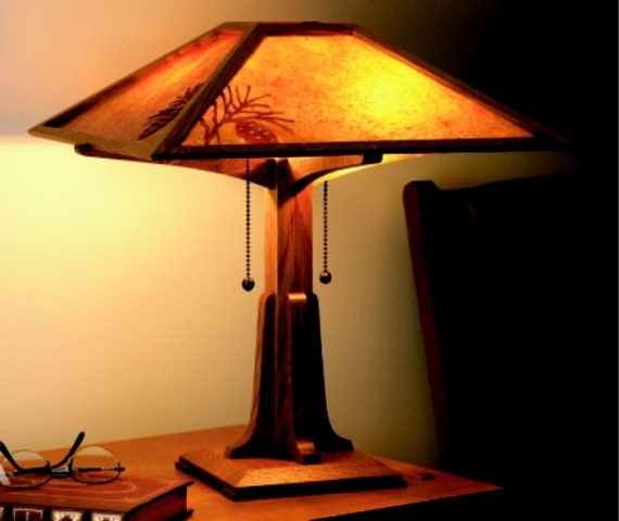 Table Lamp Mission Style Wood Frame Shade Pine Cone Motif Dual Chains