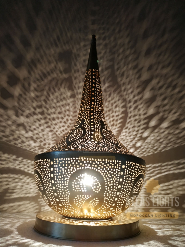 Table Lamp: Moroccan Perforated Brass Shadow Casting Lantern Teardrop