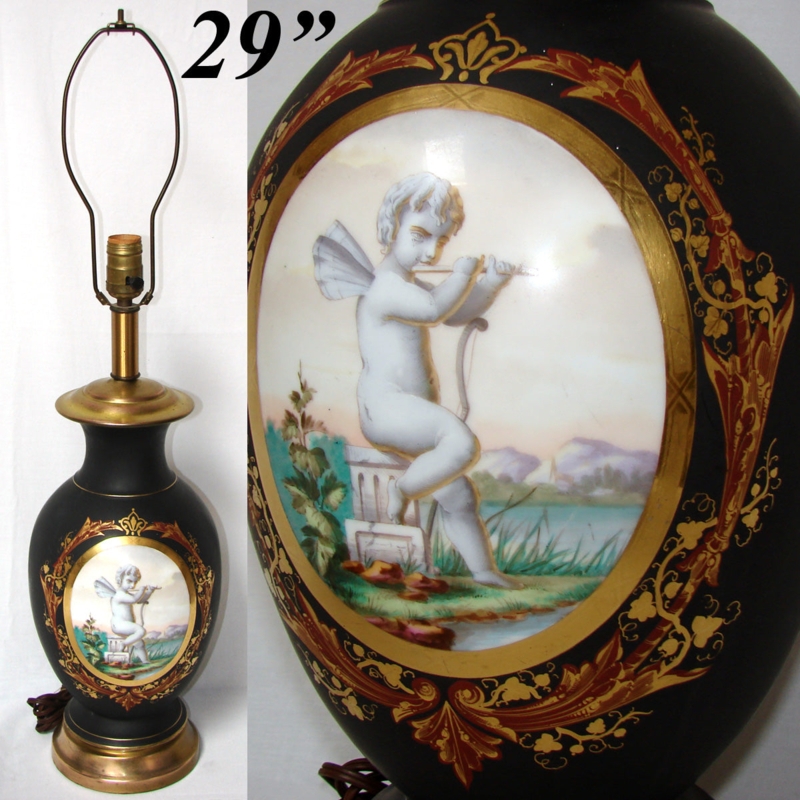 Table Lamp Neoclassical Matte Black Urn Cupid Medallion Gilt