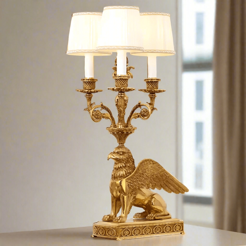 Table Lamp: Neoclassical Polished Gold Eagle Sculpture Triple Light