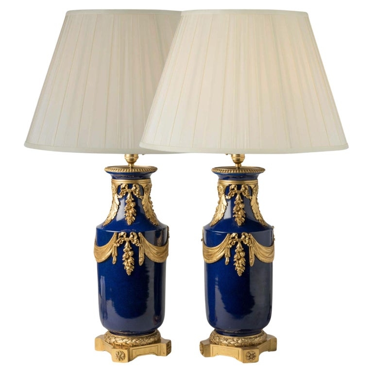 Table Lamp Pair Bronze Dore Mounts Cobalt Blue Porcelain