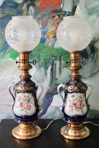 Table Lamp Pair Cobalt Blue Porcelain Frosted Etched Globes