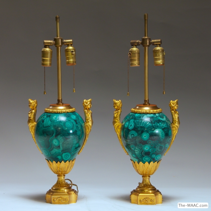 Table Lamp Pair Faux Malachite Figural Handles French Empire