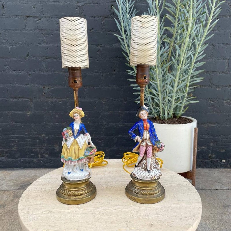 Table Lamp Pair Mid-Century Porcelain Figurines Perforated Mesh