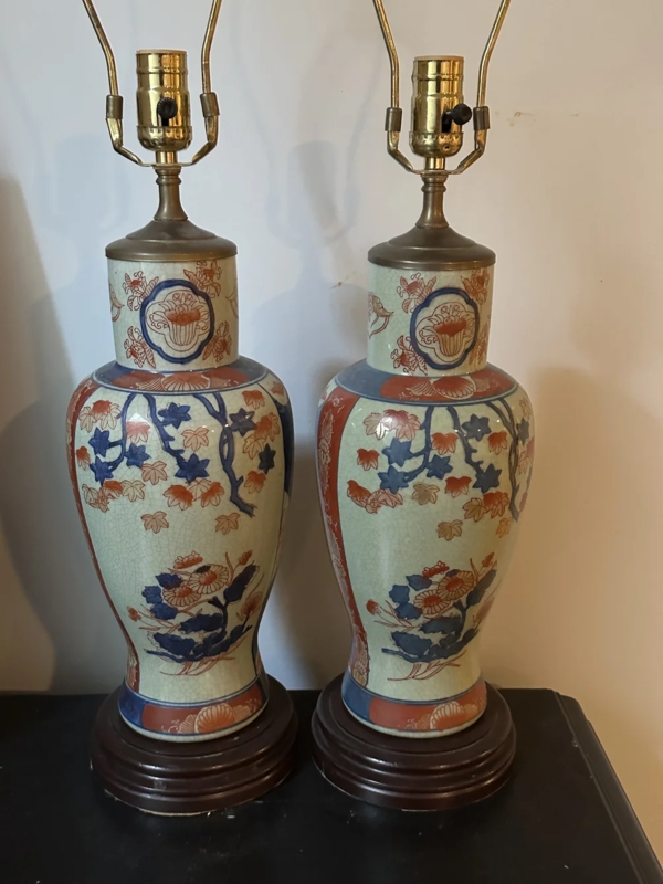 Table Lamp Pair Vintage Chinoiserie Crackle Glaze Imari Palette
