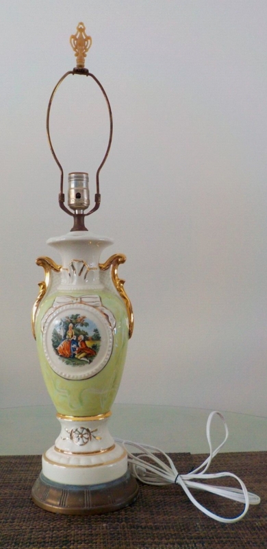 Table Lamp Pale Green Glaze Scrolled Handles Figural Medallion