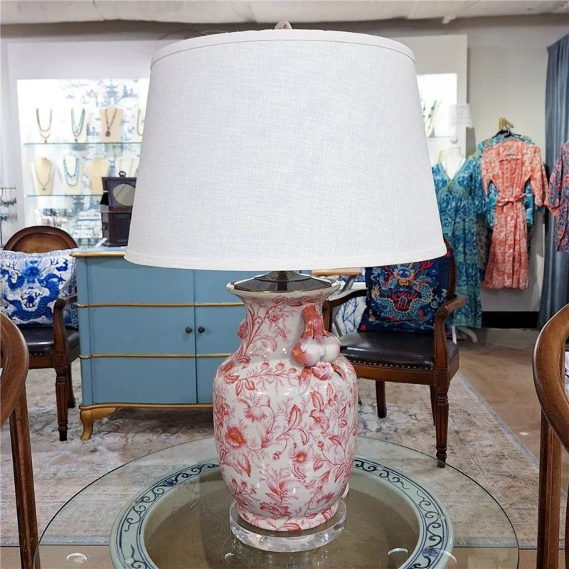 Table Lamp Pink Primrose Floral Porcelain Fruit Sculpted Handles