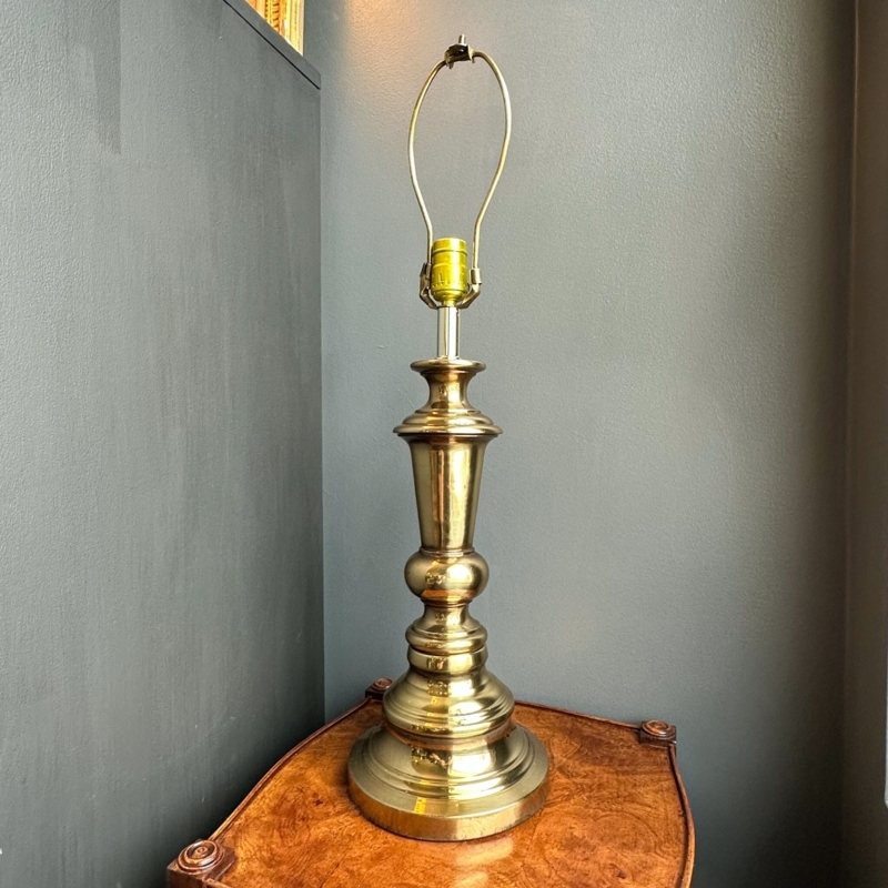 Table Lamp: Polished Brass Candlestick Base with Turned Column