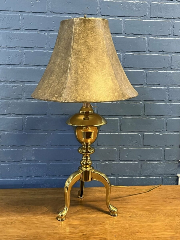 Table Lamp: Polished Brass Tripod Base with Hexagonal Parchment Shade