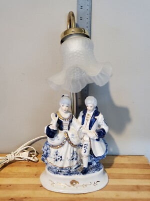 Table Lamp Porcelain Figurine Base Ruffled Frosted Glass Shade Colonial