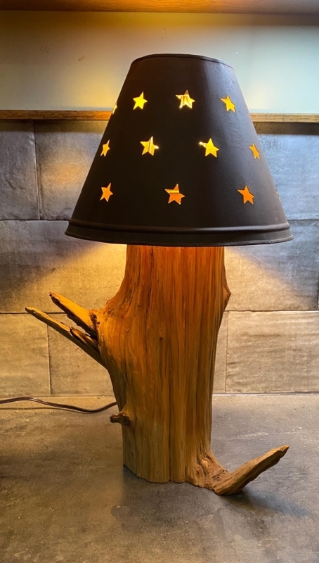 Table Lamp Rustic Adirondack Wood Stump Star Cutouts