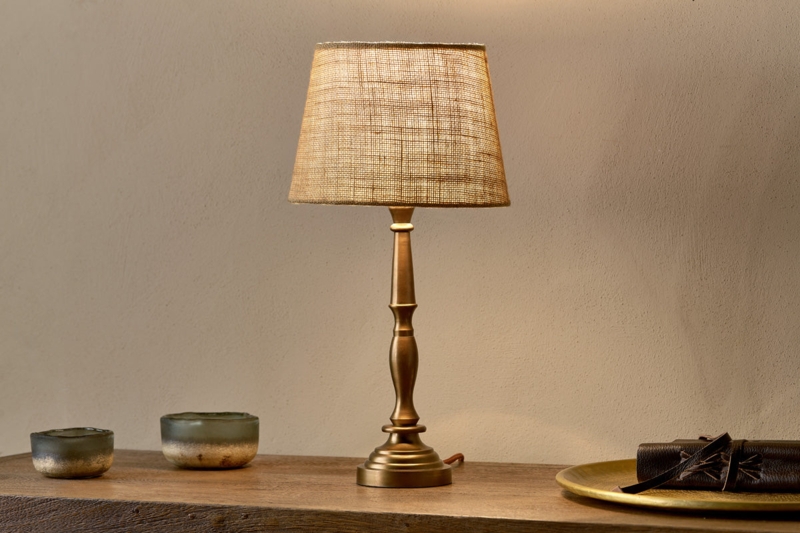 Table Lamp: Rustic Brass Spindle Base with Textured Burlap Shade