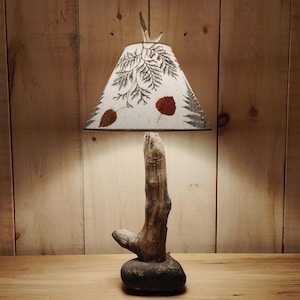 Table Lamp Rustic Driftwood Base Botanical Shade Antler Finial