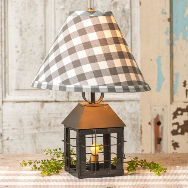 Table Lamp Rustic Lantern Base Gray Checkered Shade Dual Light Source
