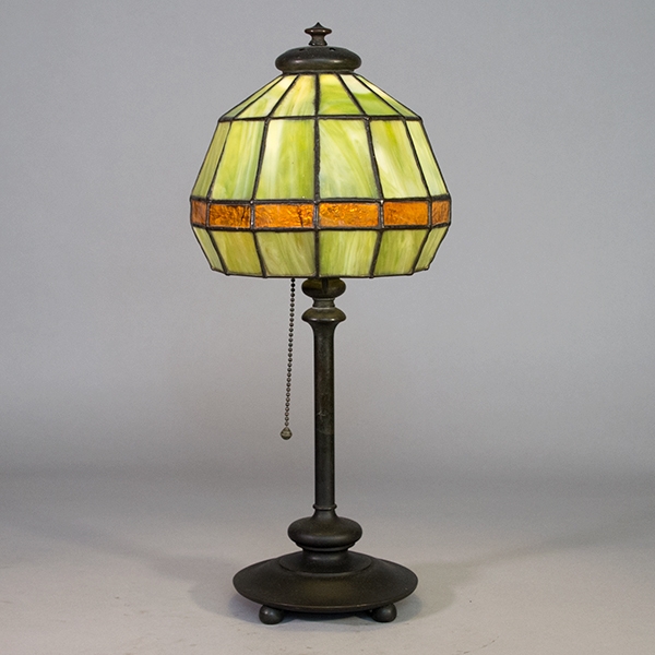 Table Lamp Sage Green Leaded Glass Octagonal Shade Amber Band Mission