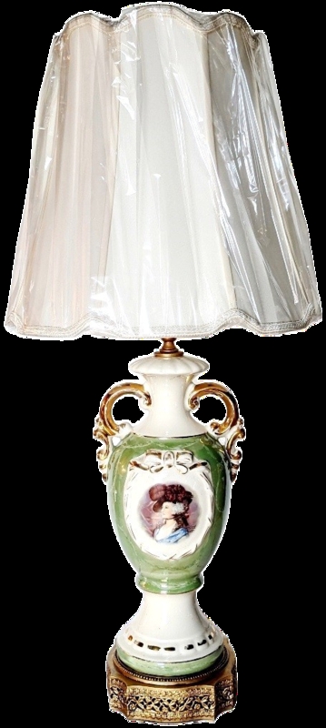 Table Lamp Sage Green Porcelain Portrait Medallion Vintage Style