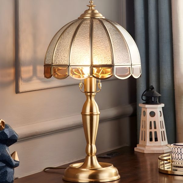Table Lamp Scalloped Textured Pebbled Glass Shade Brushed Brass Pedestal