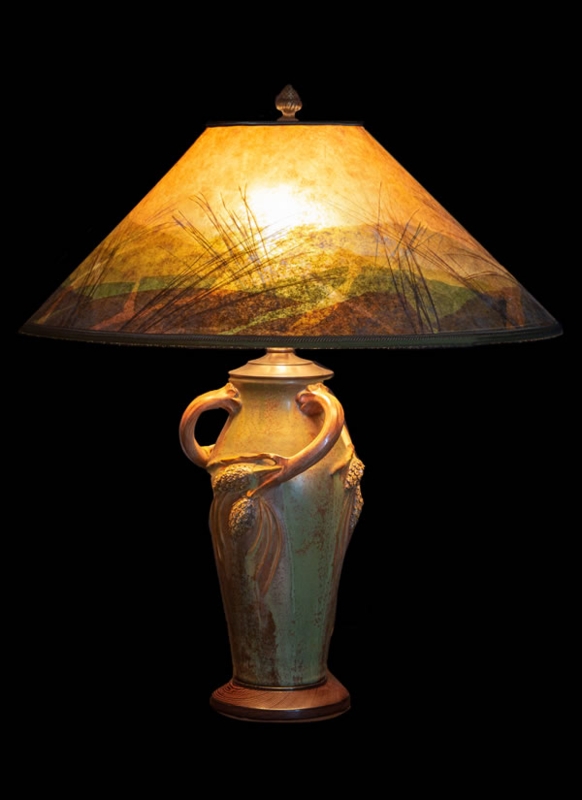 Table Lamp Sculpted Pinecone Relief Ceramic Base Mica Like Shade