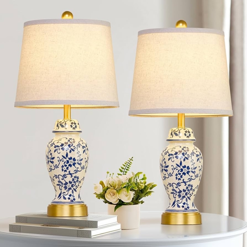 Table Lamp Set Blue White Chinoiserie Ginger Jar Gold Pedestal